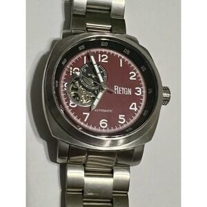 Reign Automatic Skeleton Watch Burgundy Dial Stainless Steel 44mm Size 7.75in